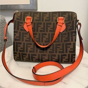 FENDI Zucca Boston Bag w/ Strap & Leather Orange Trim